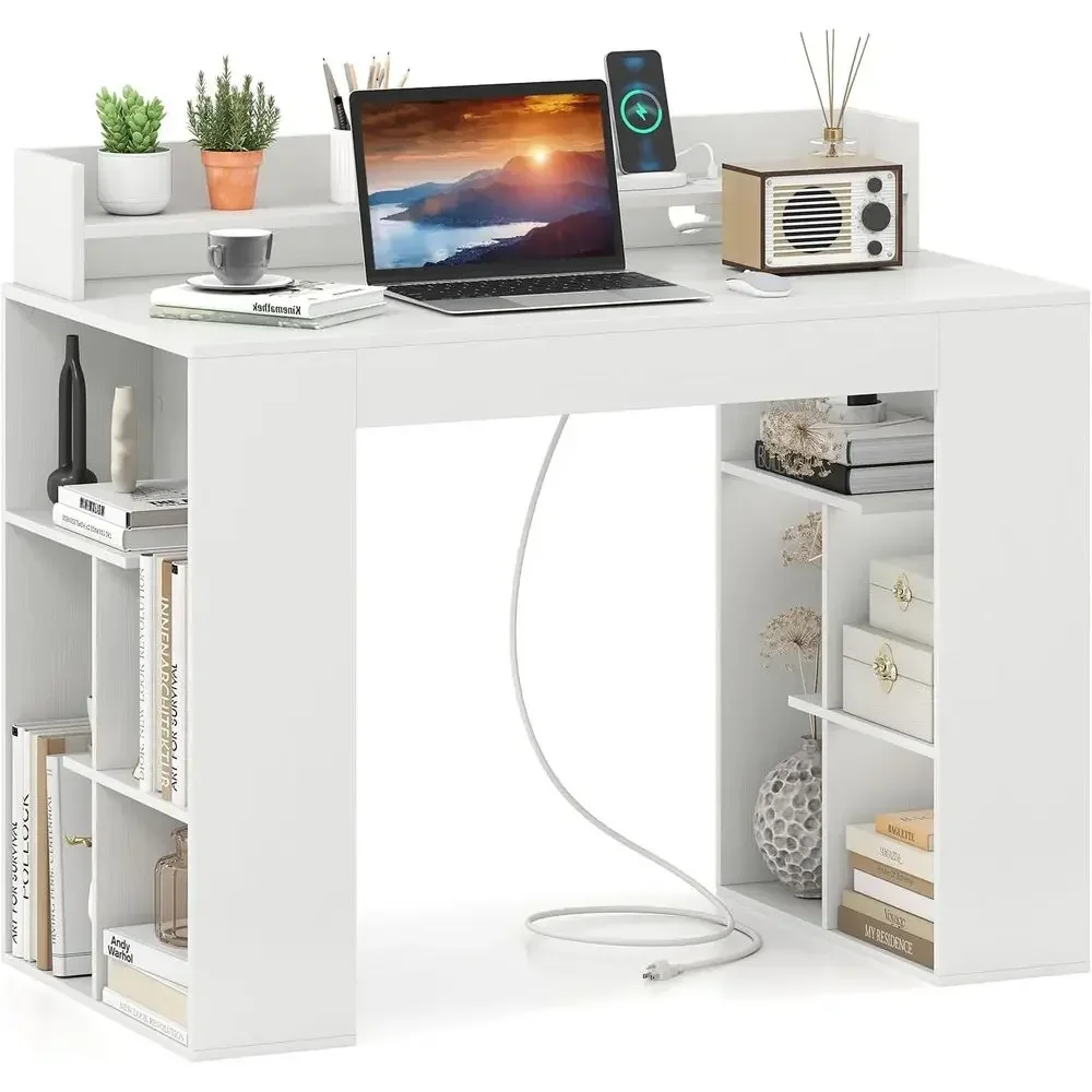 43 Home Office Desk with Storage, Charging Station, and 3-Tier Bookshelf for Computer, Study, or Bedroom Use