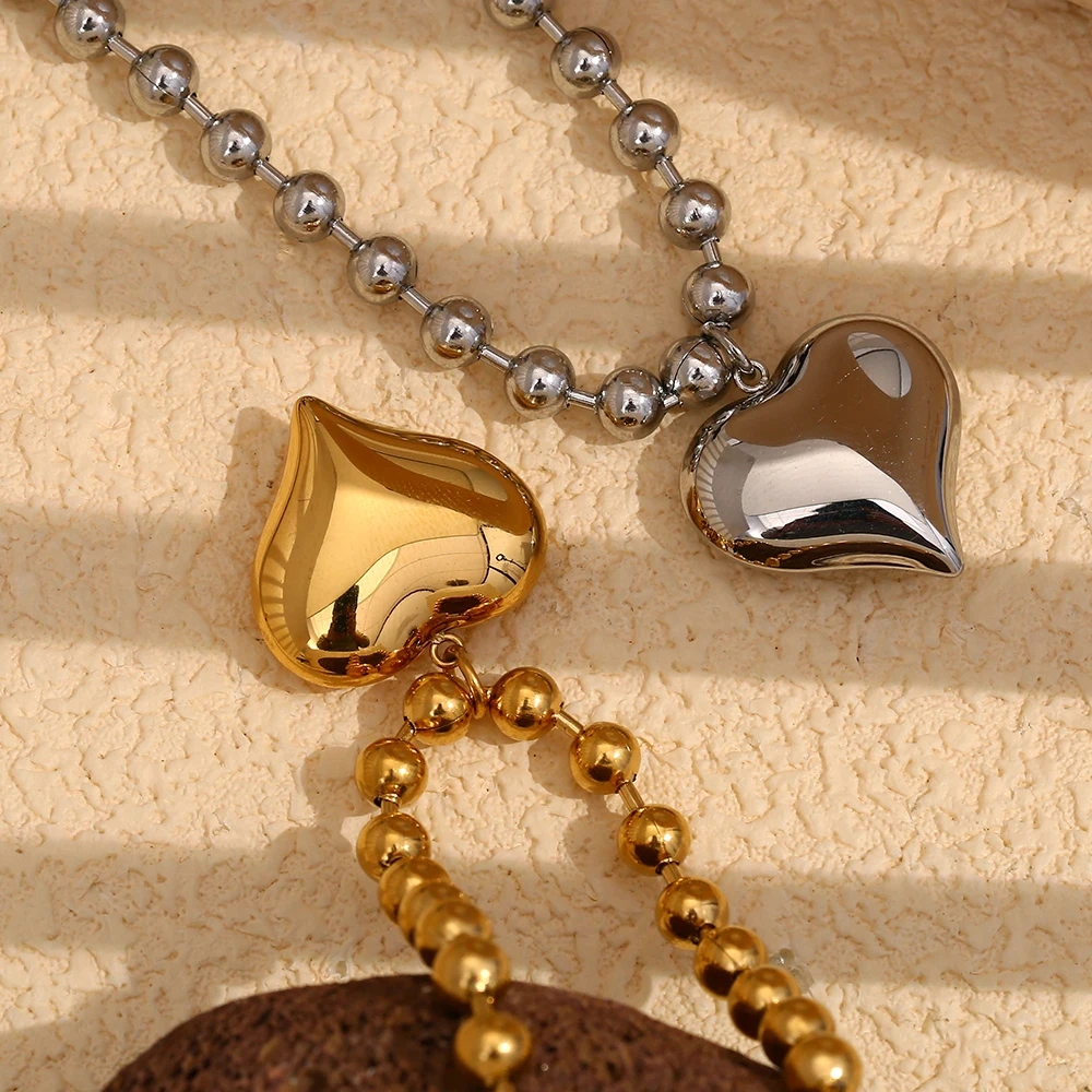 

E.B.belle Glossy Beads Heart Pendant Necklace For Women 18K Gold Plated Stainless Steel Fashion Jewelry