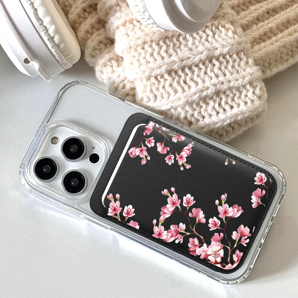 Kirschblüten-Leder-Kartenetui Handy-Kartenhalter Magnetische Hülle Geeignet für alle iPhone Magsafe-Karten-Handy-Rückseiten-Taschen – Detail 4