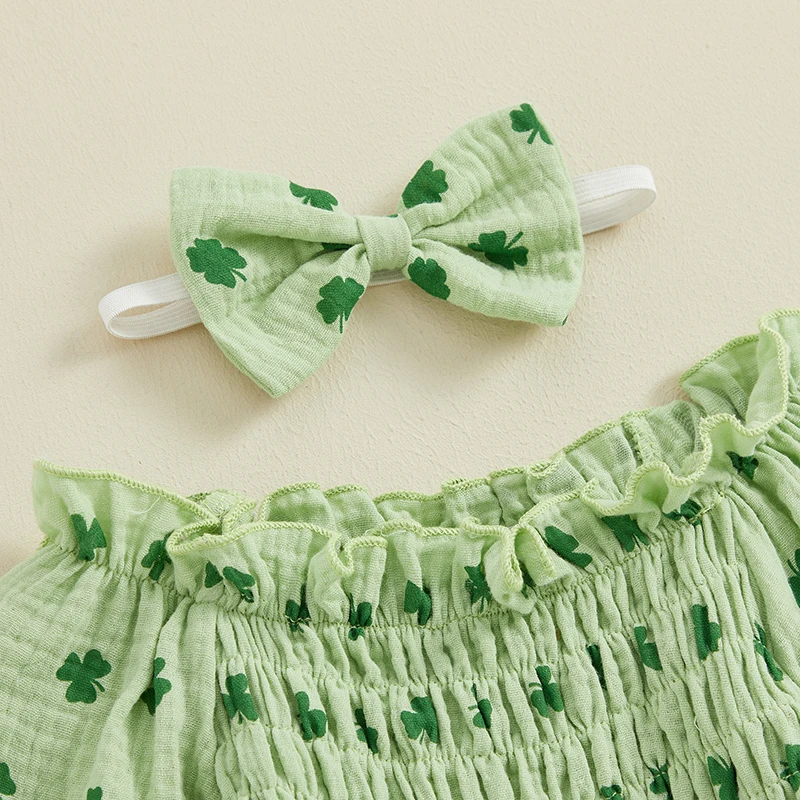 Adorable Baby Girl Set Stylish Long Sleeve Off-shoulder Romper with Shamrock Print and Matching Hairband for Autumn Fashion