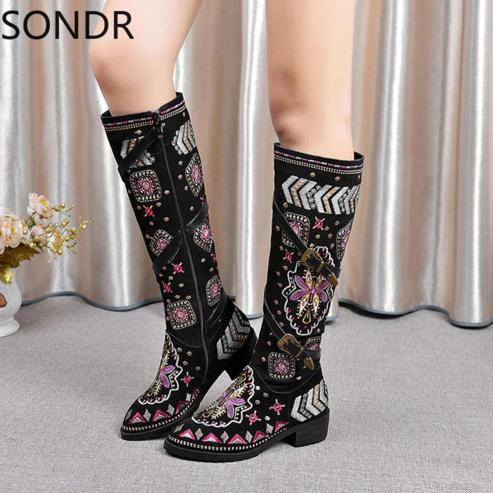 

Womens Pointy Toe Genuine Leather Knee Thigh Boots Embroidery Retro Floral Chunky Heel Belt Buckle Shoes Ethnic Plus Size 2024