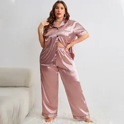 Oversize Size 3Xl 4Xl 5Xl Pajamas Loose Rayon Home Clothes Women's Short Sleeve Loungewear Satin Solid Pyjamas Suit Sleepwear