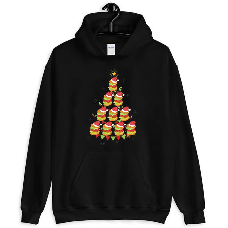 مضحك برغر شجرة عيد الميلاد للجنسين البلوز عشاق شجرة عيد الميلاد هوديي الرجعية الوجبات السريعة العصرية عيد الميلاد تشيز برجر البلوز