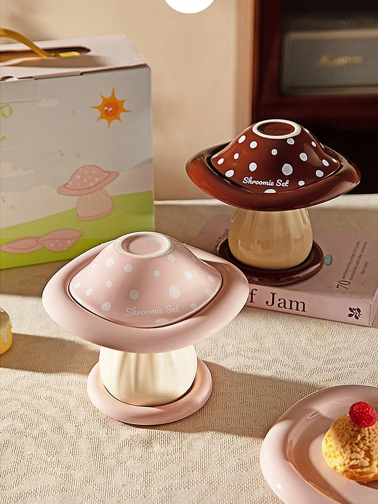 Cute Ceramic Mushroom Tableware Set for One 2025 New Arrival High-Aesthetic Pink Bowls Perfect Birthday Gift for Home Dining