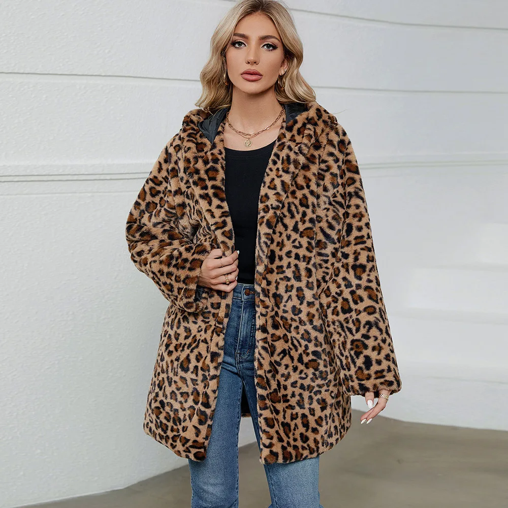 Leopard Print Faux Fur Coat  Fur Coat Women Hooded Autumn and Winter Loose Womens Faux Fur Cardigan