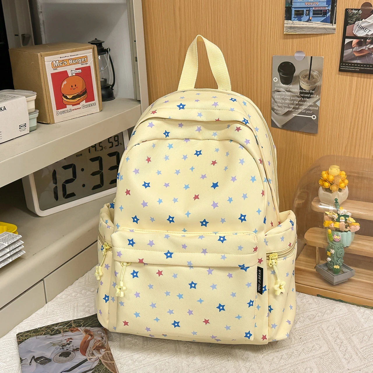 Cute Star Print Backpack for Girls Dopamine Color School Backpack with Fluffy Doll Pendant Lightweight Student Travel Rucksack