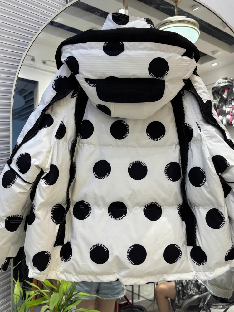 

Women Down Jacket 2025 New Trendy Hooded Loose Oversized Parkas Top Winter Street Casual Thicken Warm Dot White Duck Puffer Coat
