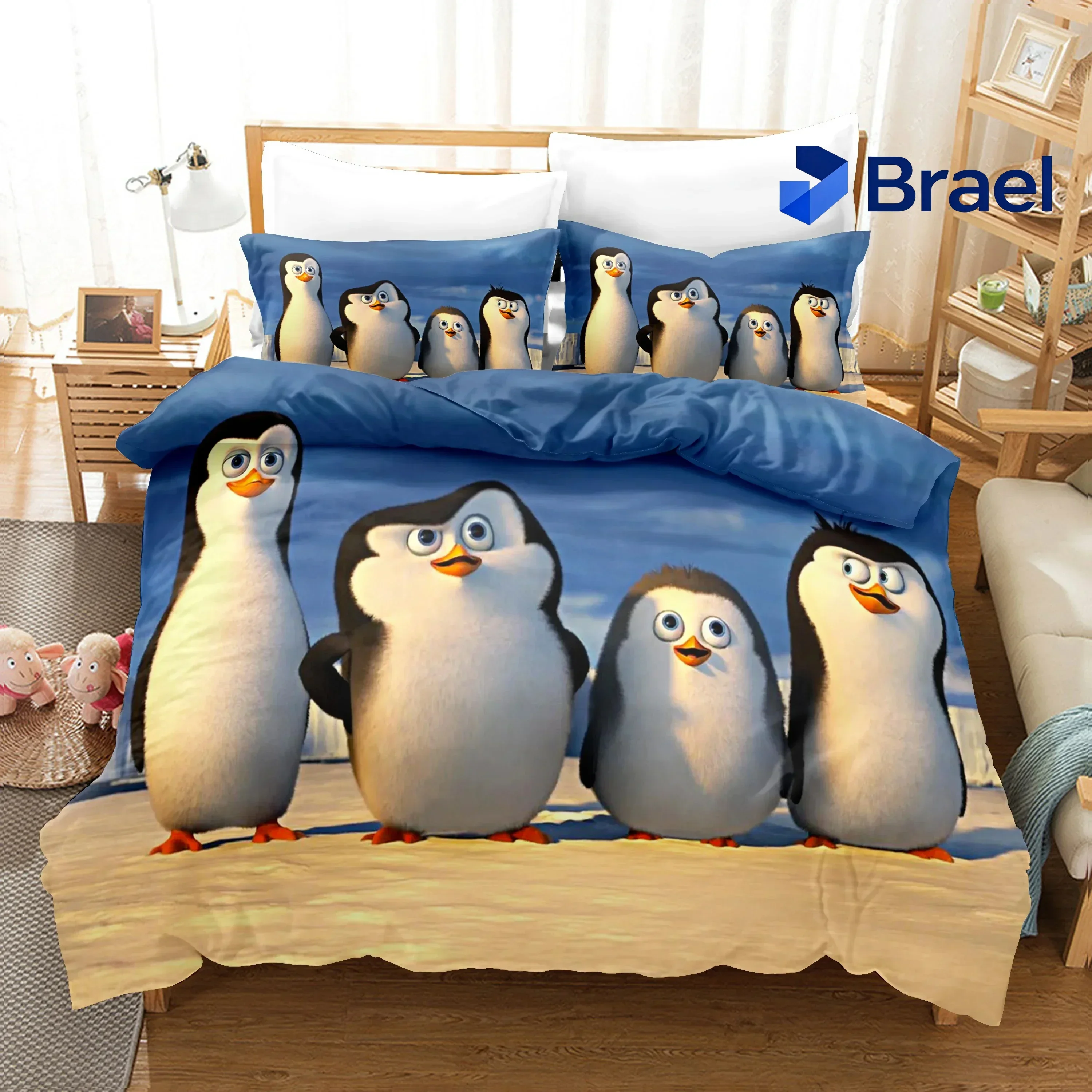 Exquisite Cartoon Penguins Madagascar Bedding Set,Duvet Cover Bed Set Quilt Cover Pillowcase,King Queen Twin Size Boys Girls Adu