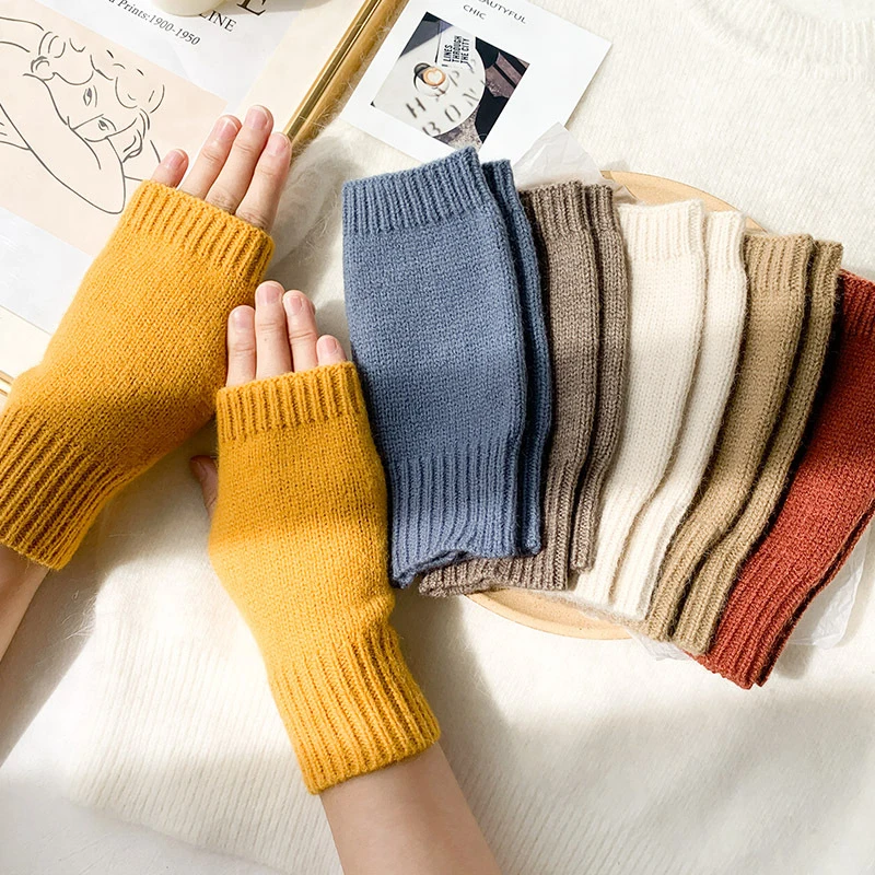 INS Korean Winter Warm Fingerless Knitted Gloves Women Solid Color Stretch Mittens Exposed Finger Gloves arm warmers  guantes