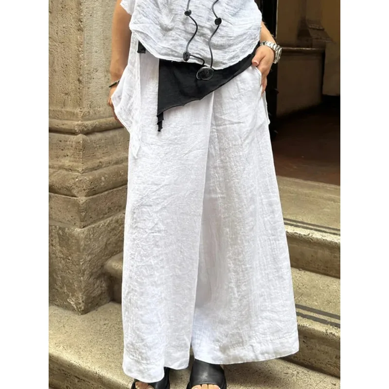 Pantalon d'automne pour femmes, couleur unie, mode décontractée, ample, poche littéraire, bouton, taille élastique, jambes larges