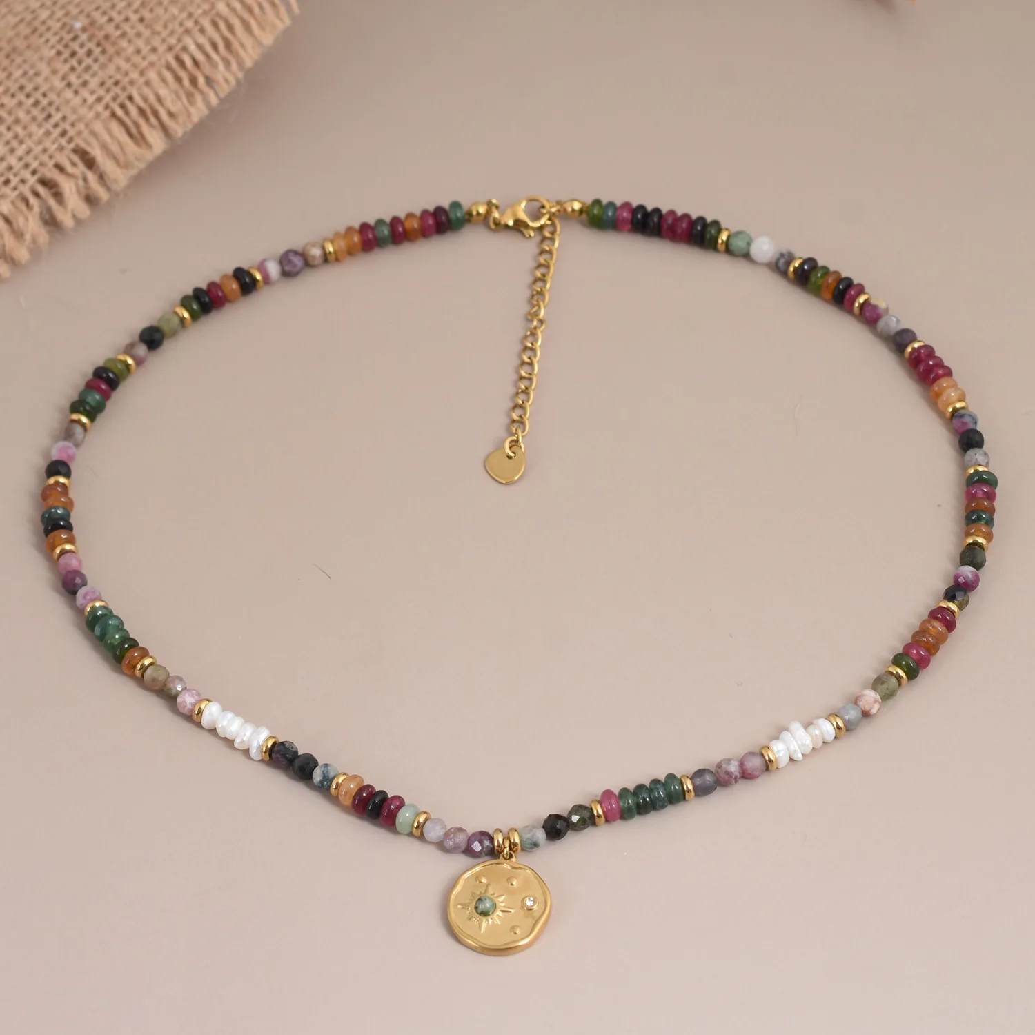 Age-reducing Natural Stone Splicing Beaded Necklace High-end Sweater Chain Retro Tourmaline Daily Commuting Accessory for Women