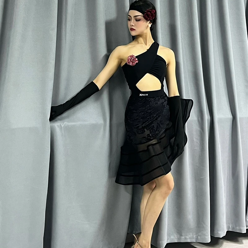 2023 Latin Dance Performance Costumes For Women Sexy Black Tops Fishbone Large Swing Skirts Suit Adult Latin Dance Dress DN15886