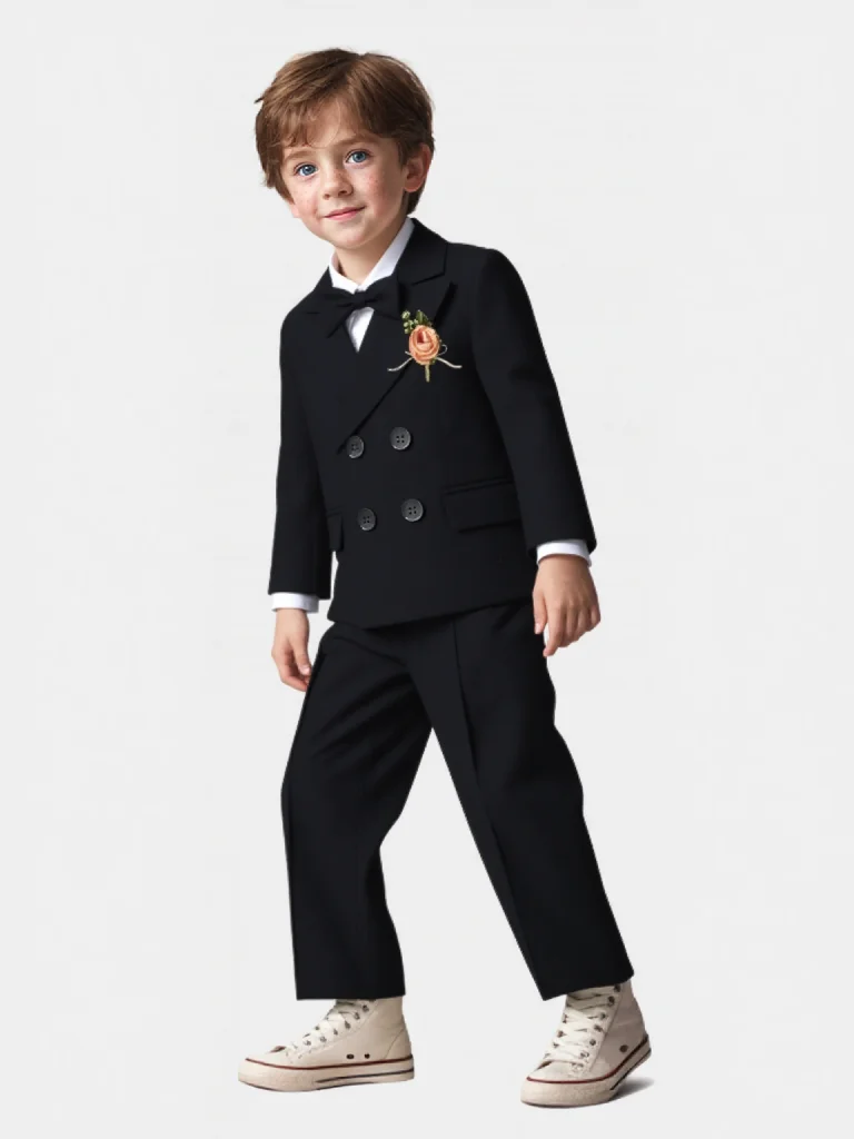 

Kids 5Pieces Black Suit Set With Jacket Vest Pants Bowtie Brooch Flower Boys Wedding Dress Children's Piano Performance Costume