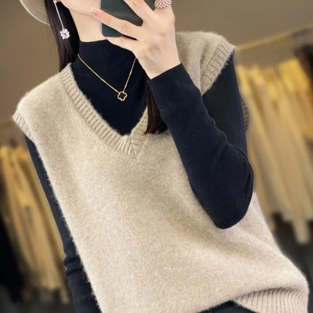 

Women's Autumn Winter Wool V-Neck Knitted Vest Loose Fit Base Layer Sweater Outer Wear Stacked Top Waistcoat