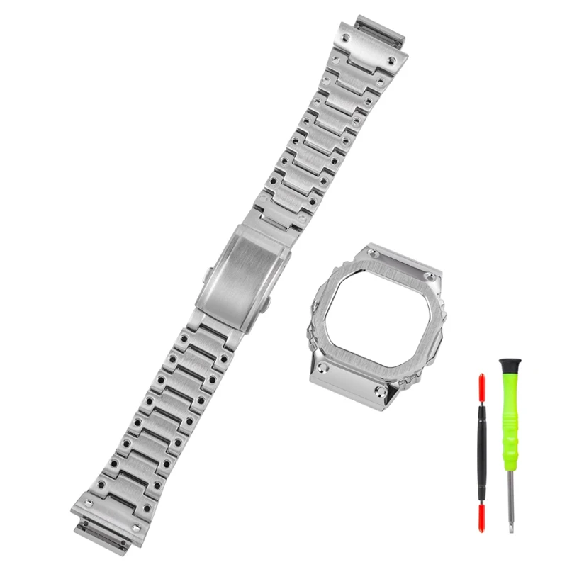 Set di cinturini per orologi in acciaio inossidabile per CASIO G-SHOCK DW-H5600 DW H5600 Bracciale con kit cassa per cinturino da uomo nero argento massiccio modificato