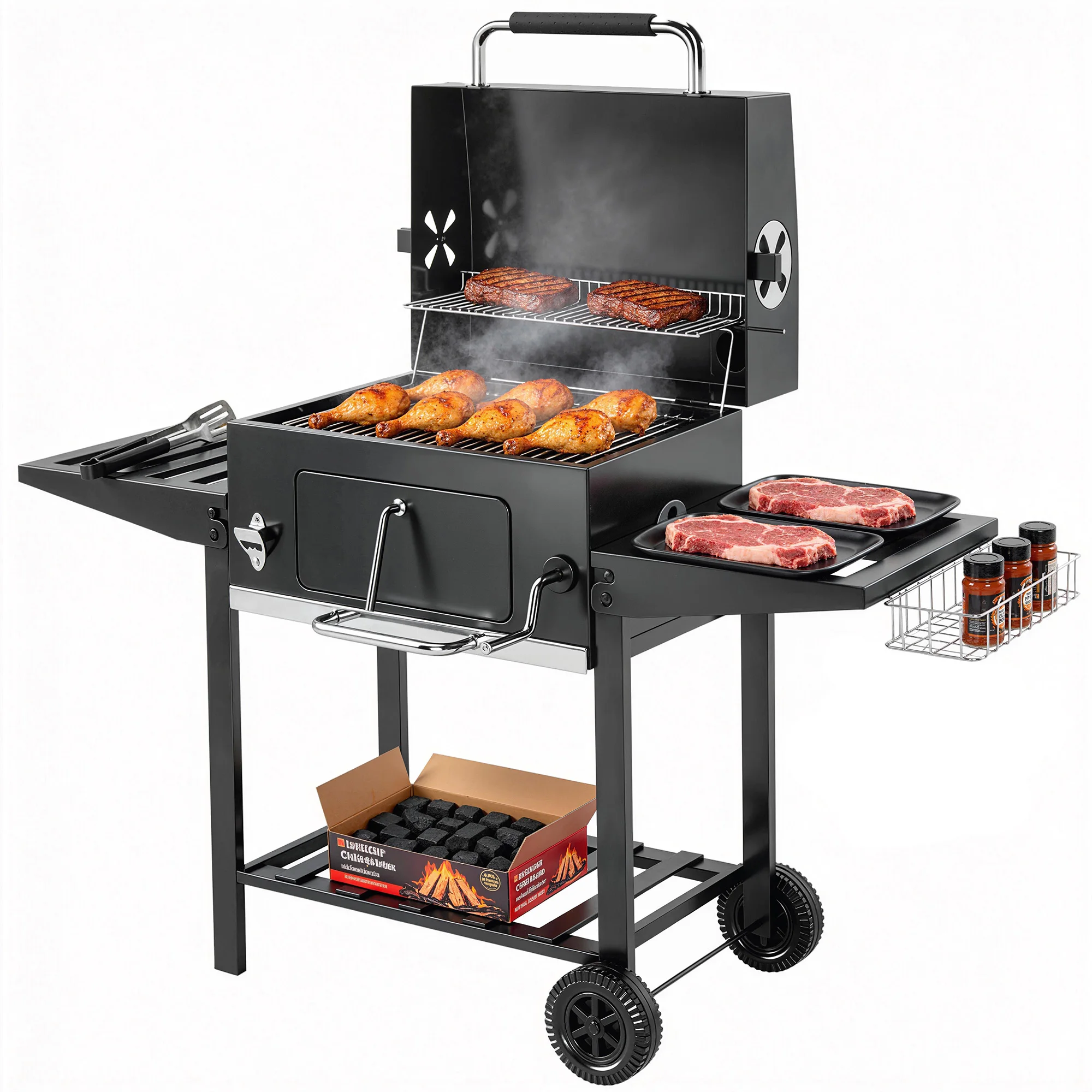 Holzkohlegrill mit verstellbarem Grillrost, klappbaren Ablagen, Stahl & PP, 133,5x65x110 cm, Schwarz