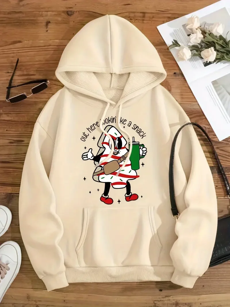 Women\'s Christmas Cartoon Print Casual Hooded Sweatshirt, Polyester, Machine Washable