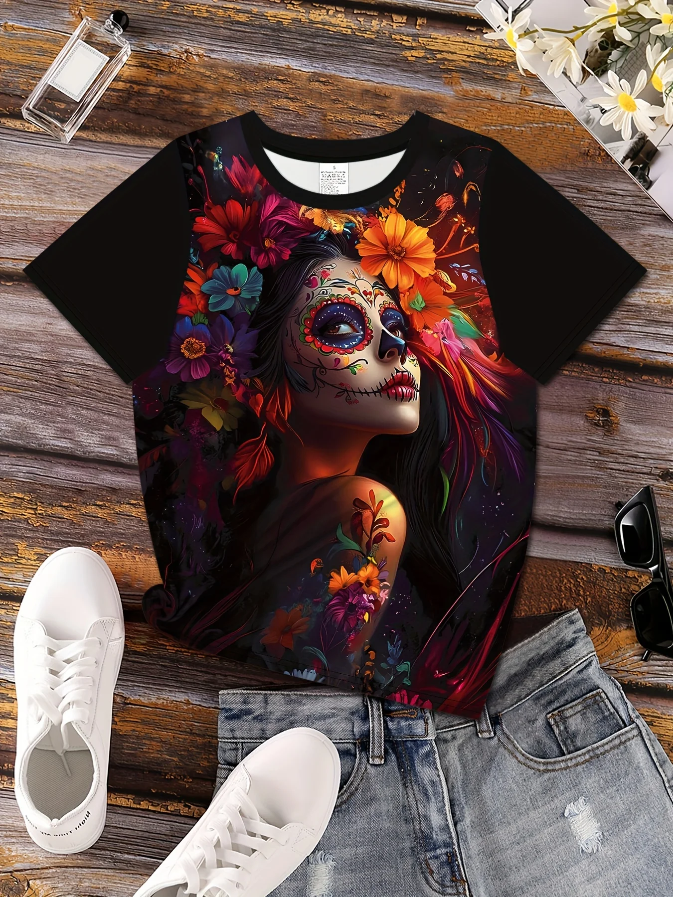 Women Crew Neck Short Sleeve T‑shirt Sugar Skull Lady Vibrant Floral Art Print Summer Casual Top