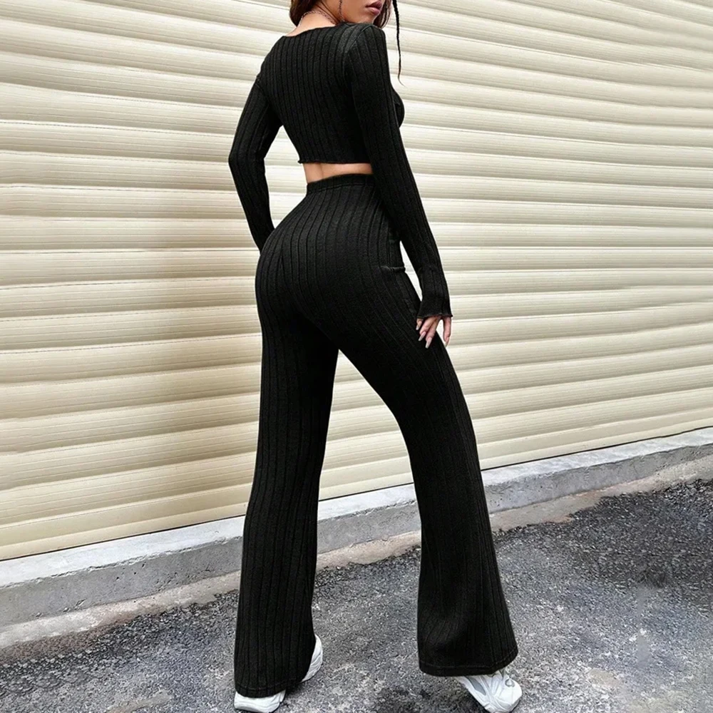 بدلة أزياء نسائية من Pure Desire بخصر عالٍ، سراويل ضيقة بلون سادة، ملابس علوية مناسبة للخريف والشتاء الأوروبية والأمريكية