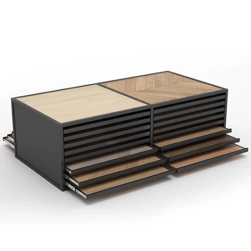 

Booth wood floor tile display rack drawer type