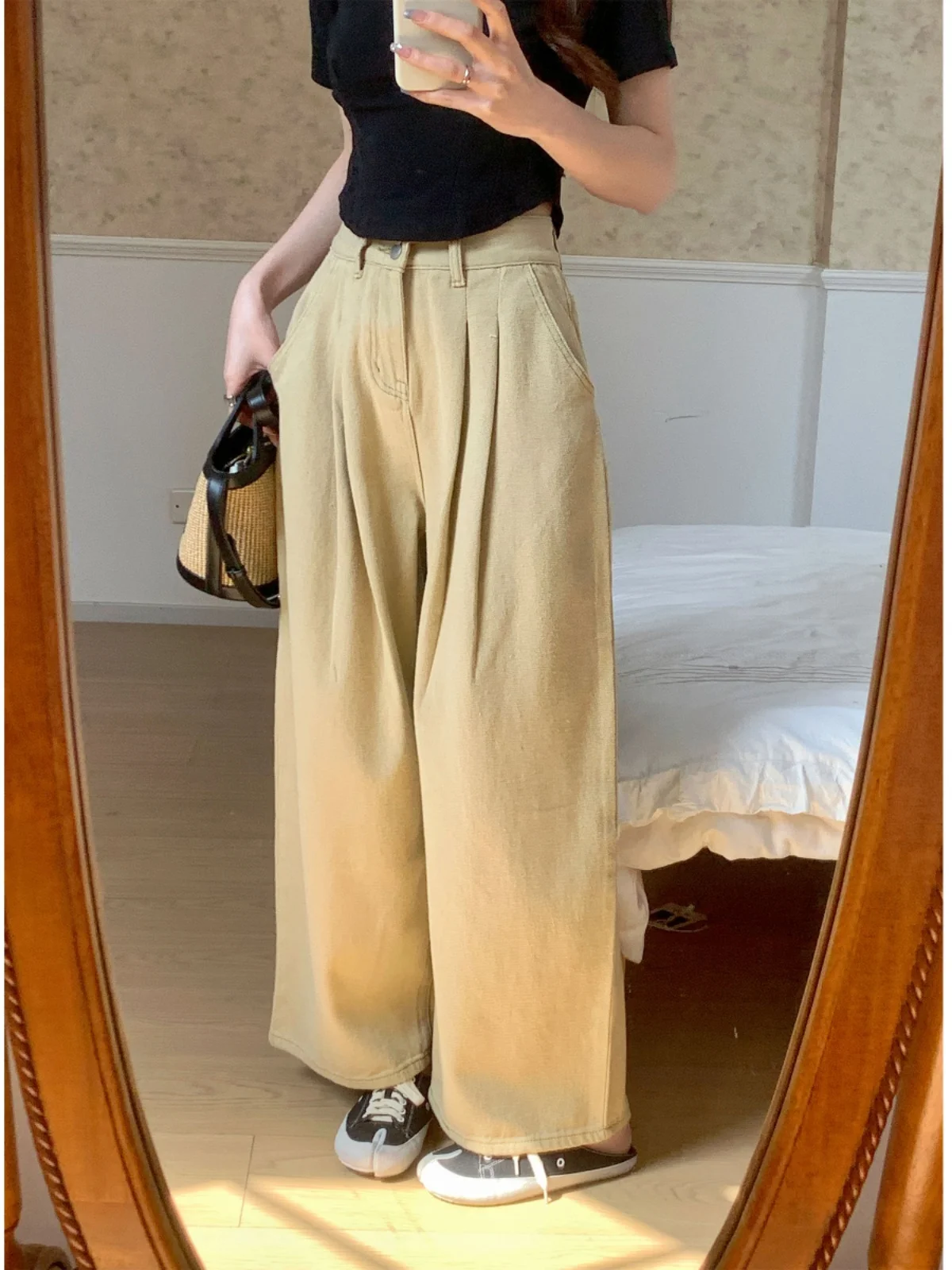 

Джинсы цвета хаки с широкими штанинами, женские свободные джинсы прямого кроя с высокой талией, универсальные джинсовые брюки длиной до пола, лето 2023, UVPU