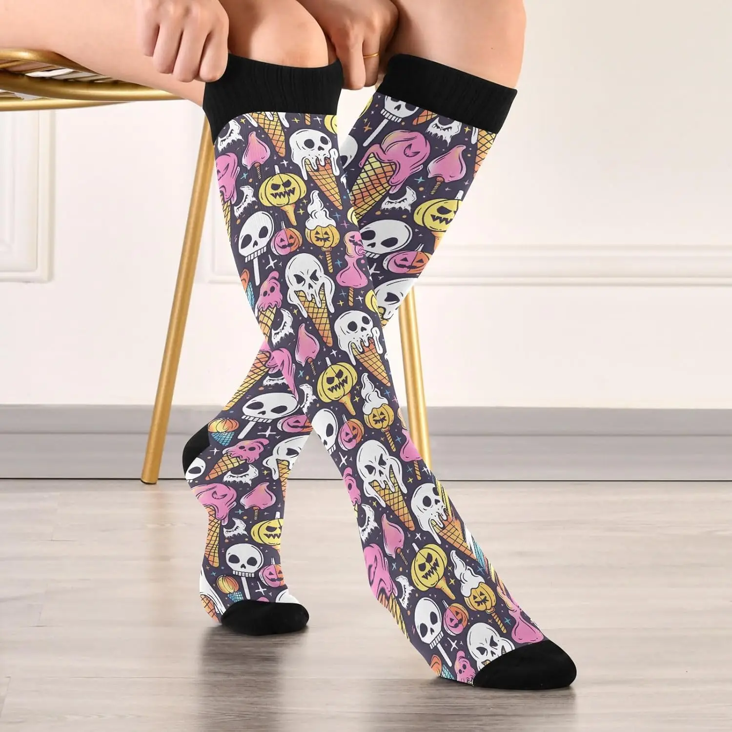 Ghost Halloween Ice Cream Compression Socks for Women Men Knee High Socks for Running Athletic Nurse Cycling Sports