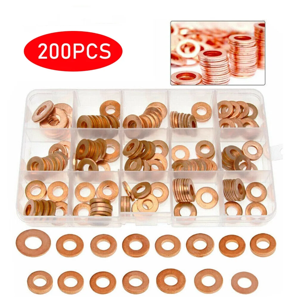 

200pcs Copper Diesel Injector Ports Washers Fuel Set Seal Rings Assortment Set