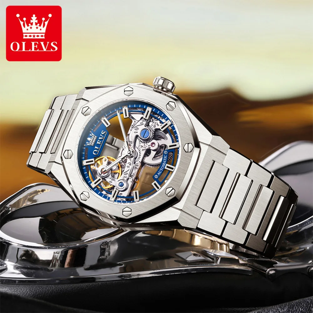 OLEVS 6742 Original Full Transparent Hollowed Mechanical Men's Watch Luxury Top Brand Skeleton Automatic Watch for Man 2026 New
