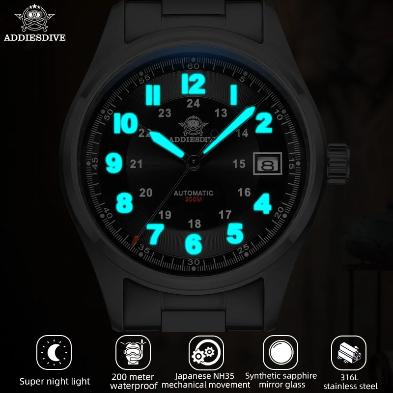 Addiesdive Luxueus Heren Automatisch Horloge Nh35a Mechanisch Horloge Saffier Glas 200M Waterdicht Analoog Lichtgevende Horloges Ad2048