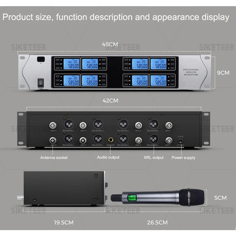 Sistema microfonico wireless UHF professionale Microfono a condensatore indossato dalla testa a 8 canali per chiese, matrimoni e microfoni da palcoscenico
