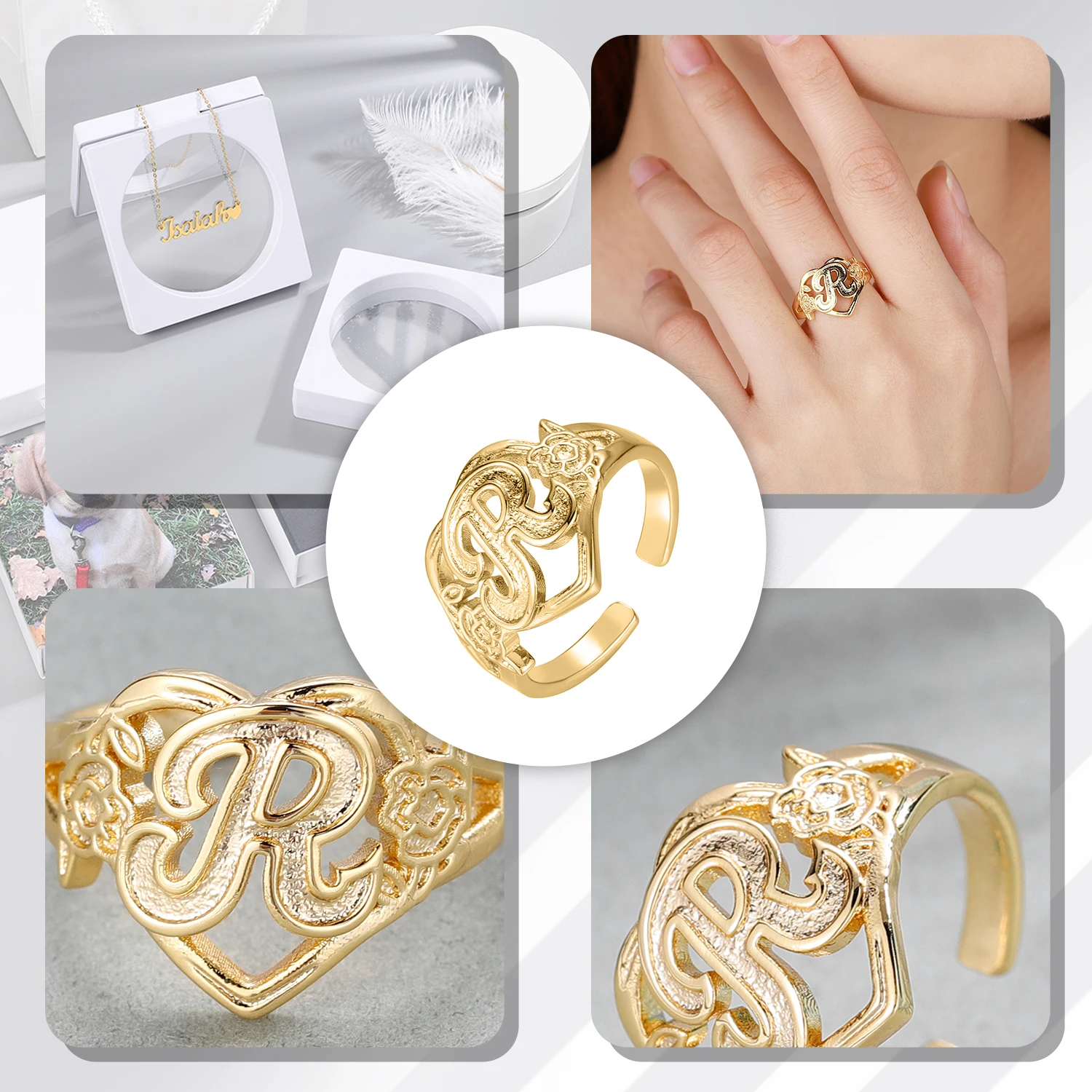 Qitian Gold Initials Heart Letter Ring For Women Fashion Hip Hop Jewelry Personalized Adjustable Letter Rings Mother\'s Day Gifts