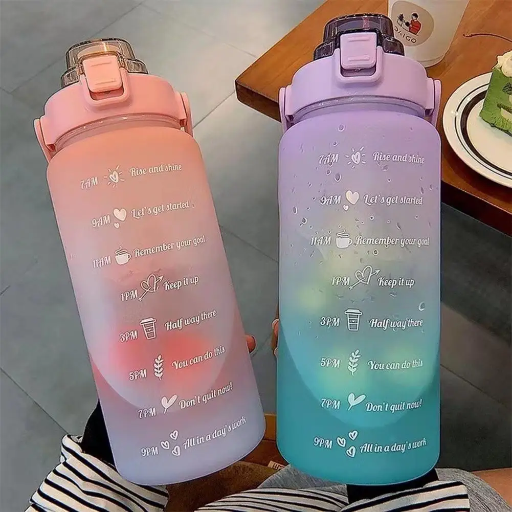 2L Motivational Water Bottle With Time Marker Reusable Water Bottle Plastic Bottle Leak-proof With Carry Handle For Gym Office