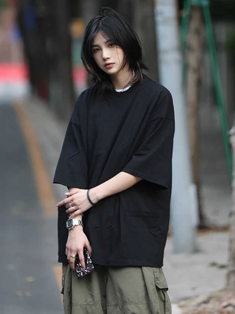 Half Sleeve Tees Women Loose Solid Japanese Style Summer All-match Fashion Simple Casual Streetwear Preppy  Students Moto