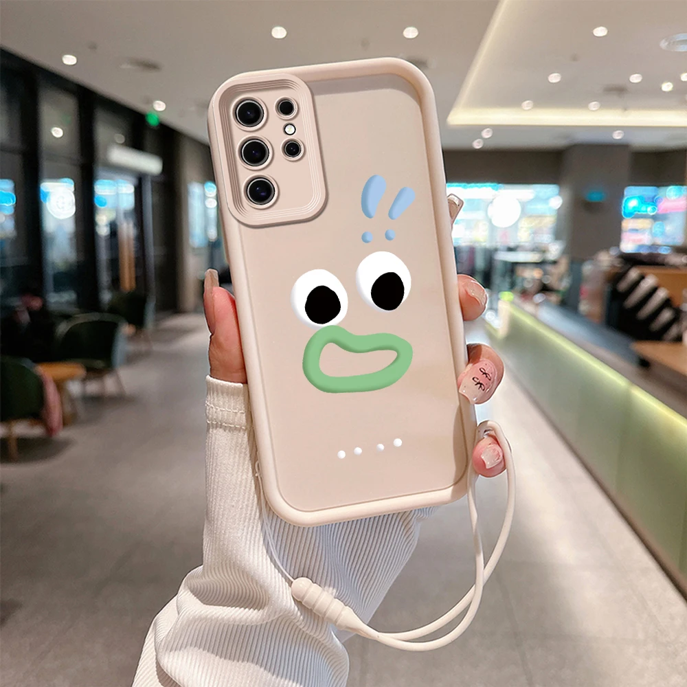 Cartoon Three Teeth Expression Phone Case for Samsung S24 S23 S22 S21S20 FE Plus Ultra 5G Soft Silicone Cover with Hand Strap