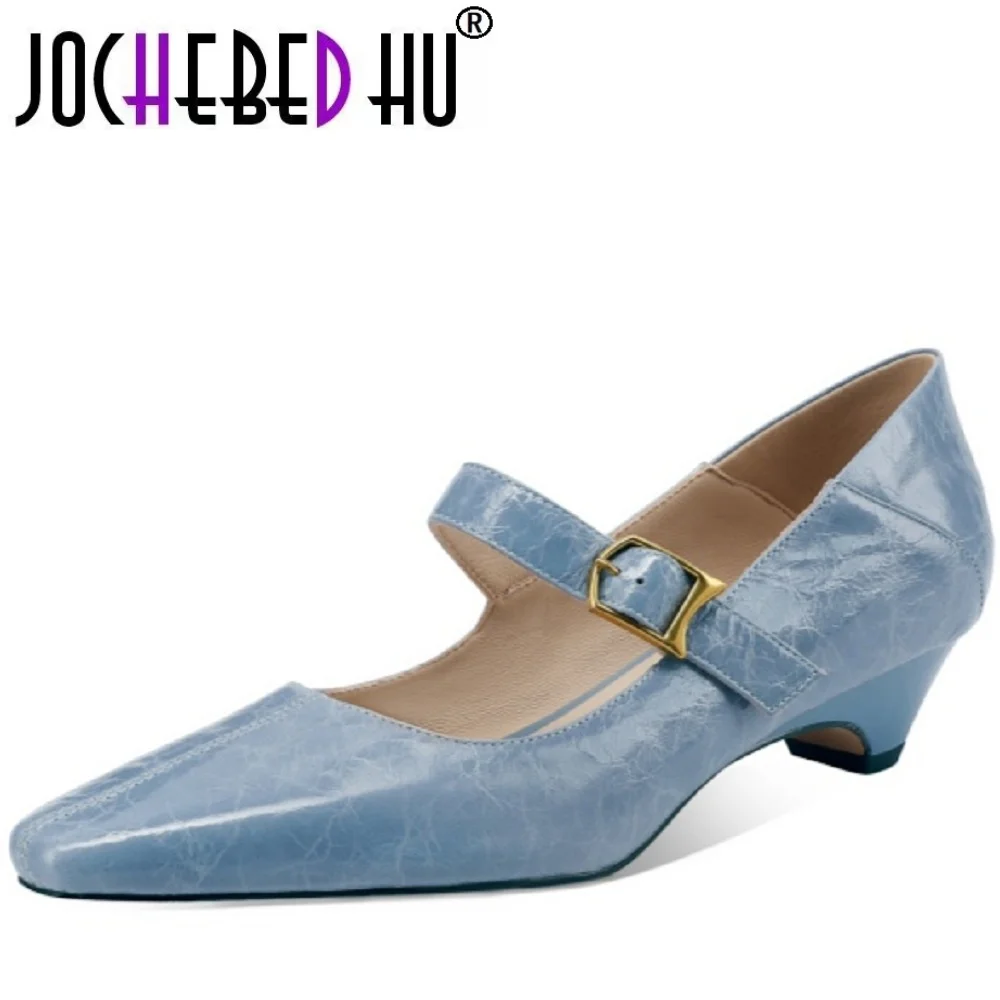 

【JOCHEBED HU】Handmade Genuine Leather Soft and comfortable Shoes Woman Square Toe Retro Ladies Daily Shoes 33-43