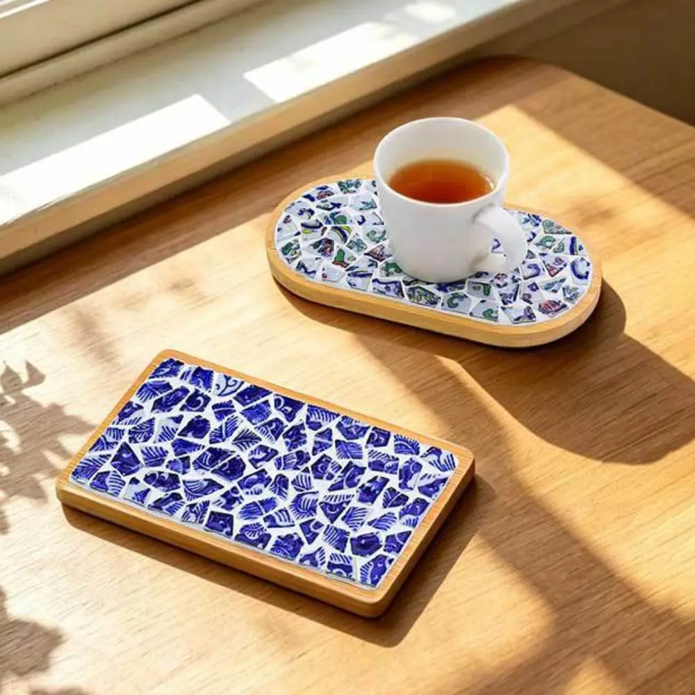 Chinese Style Blue White Porcelain Coaster Material Kit Bamboo Base Smooth Granular Edge Mosaic Coaster Material Kit