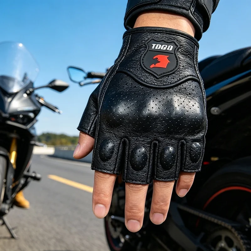 Vintage Leather Half Finger Motorbike Gloves Hard Shell Anti-fall Breathable Motorcycle Racing Riding Protective Gloves For Men