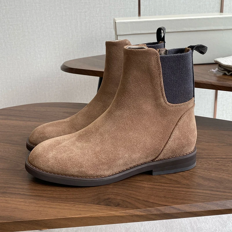

Женские ботильоны с круглым носком в британском стиле на толстом каблуке, женские короткие ботинки из коровьей замши и эластичной ткани, осенне-зимние ботинки челси