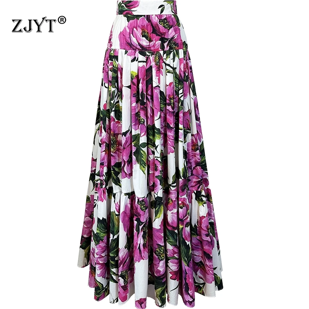 

ZJYT Летние длинные макси-юбки из 100% хлопка с цветочным принтом для женщин 2025 Подиумная мода с высокой талией Праздничная пляжная юбка Faldas