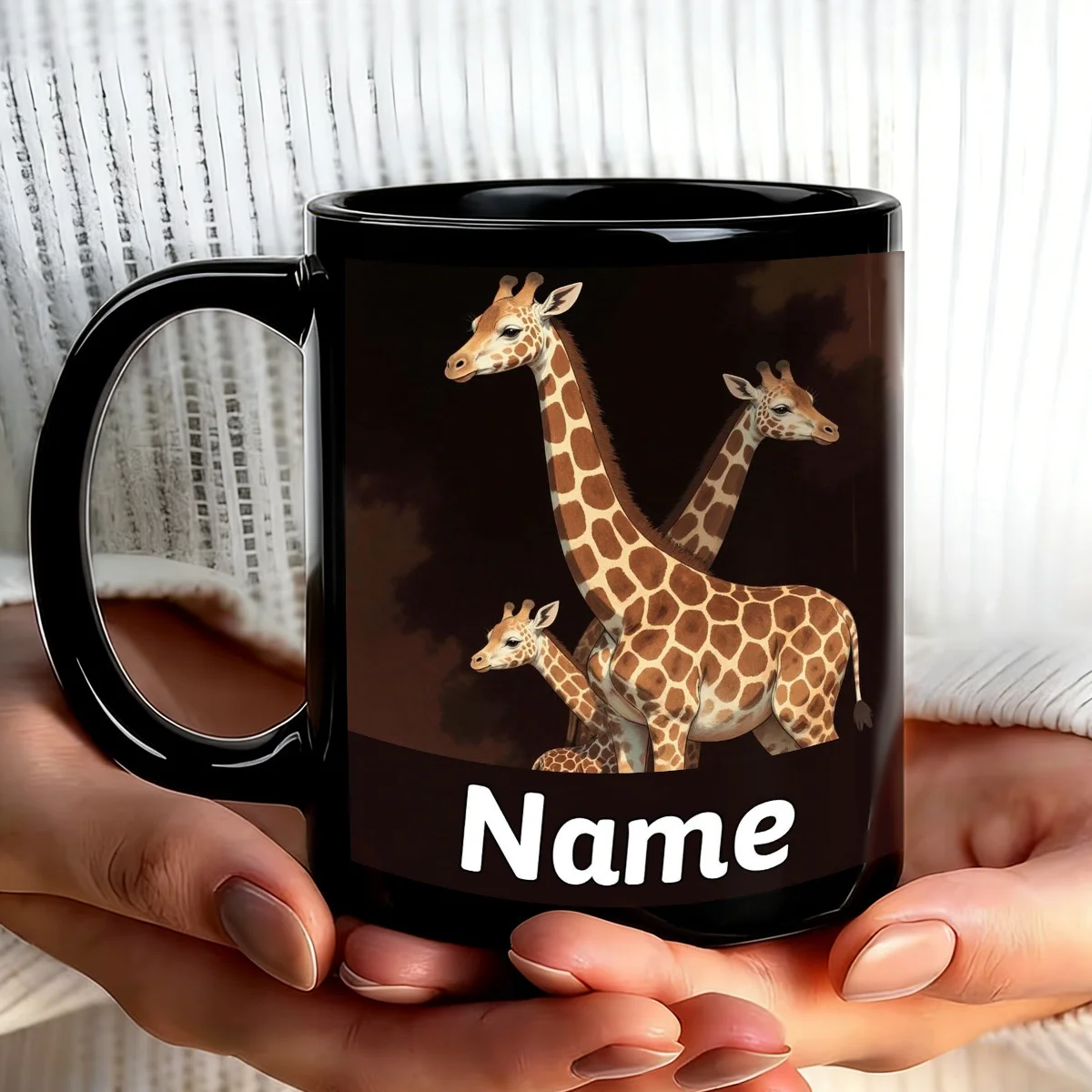 1Pc, Customizable Giraffe Design, Cute and Durable Black Mug, 11 oz Cartoon Anime Durable Ceramic, Personalized Name Coffee Cup