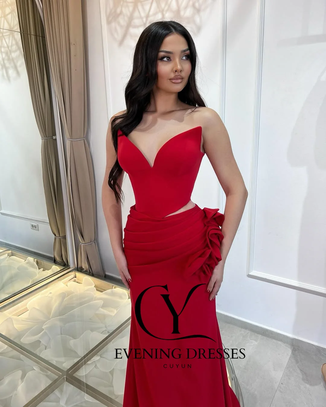 CUYUN Red Sexy Women Evening Gown for Special Occasion Strapless 3D Flowers Pleated Party Dresses Customized Banquet Dresses