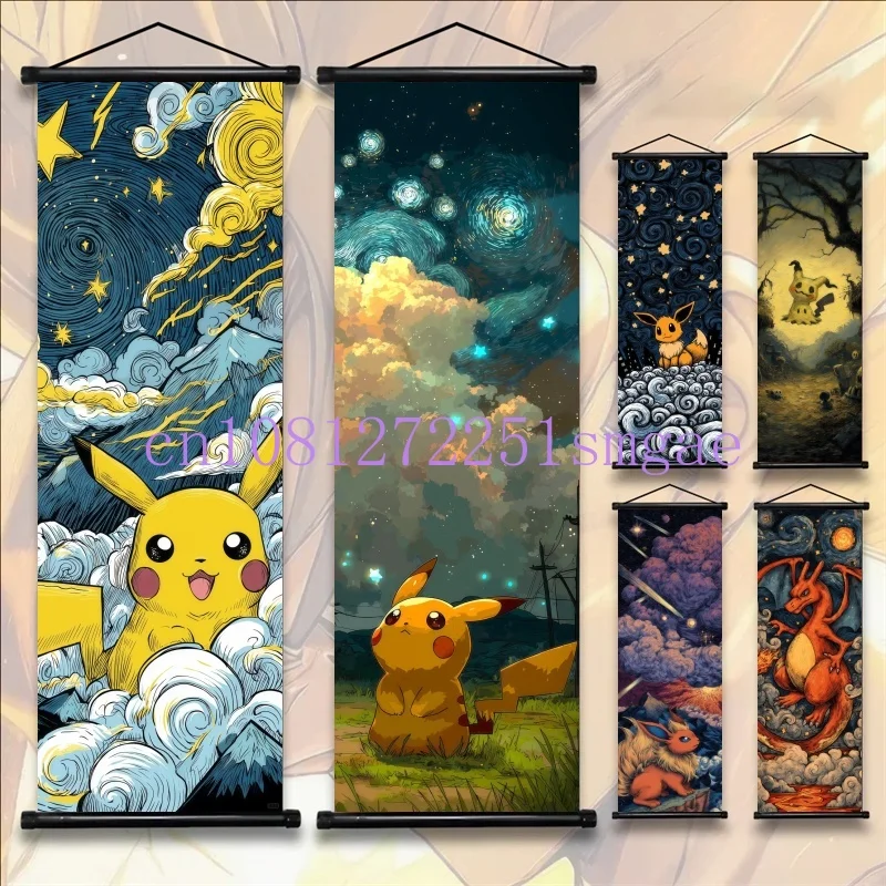 Anime Pokemon Pikachu Gengar Charizard Eevee Bulbasaur Starry Night, Printing Art Cloth, Scroll Painting High Quality Home Decor