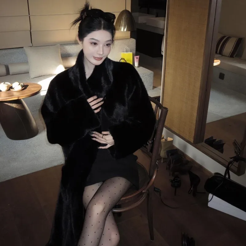 Fourrure intégrée Imitation vison polaire manteau de fourrure écologique femmes longue sur le genou col montant ample manteau de vison en peluche WLF