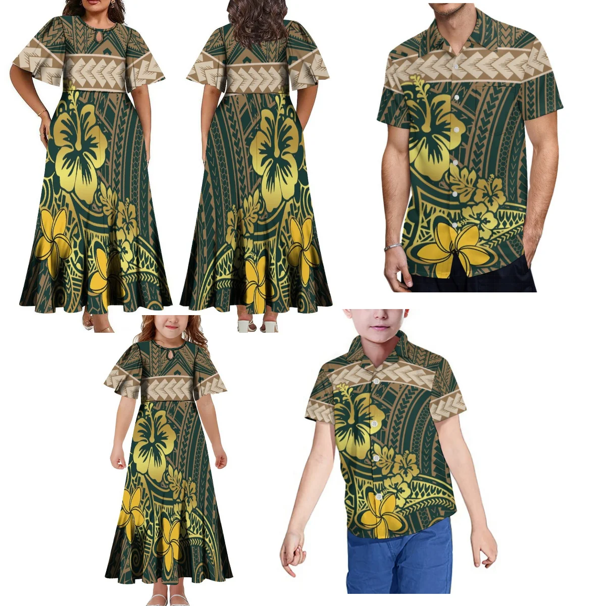 

Print On Demand Custom Polynesian Tribal Print Petal Sleeve Samoan Dress Women'S And Children'S Long Dress With Men'S Boys Shirt