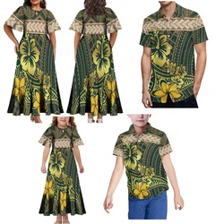 Print On Demand Custom Polynesian Tribal Print Petal Sleeve Samoan Dress Women'S And Children'S Long Dress With Men'S Boys Shirt