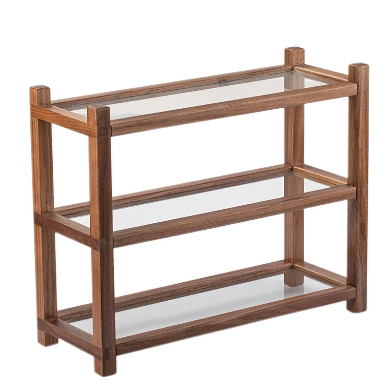 

DSA wholesale black walnut glass shelf solid wood tea set teapot storage rack desktop small tea table Duobaoge