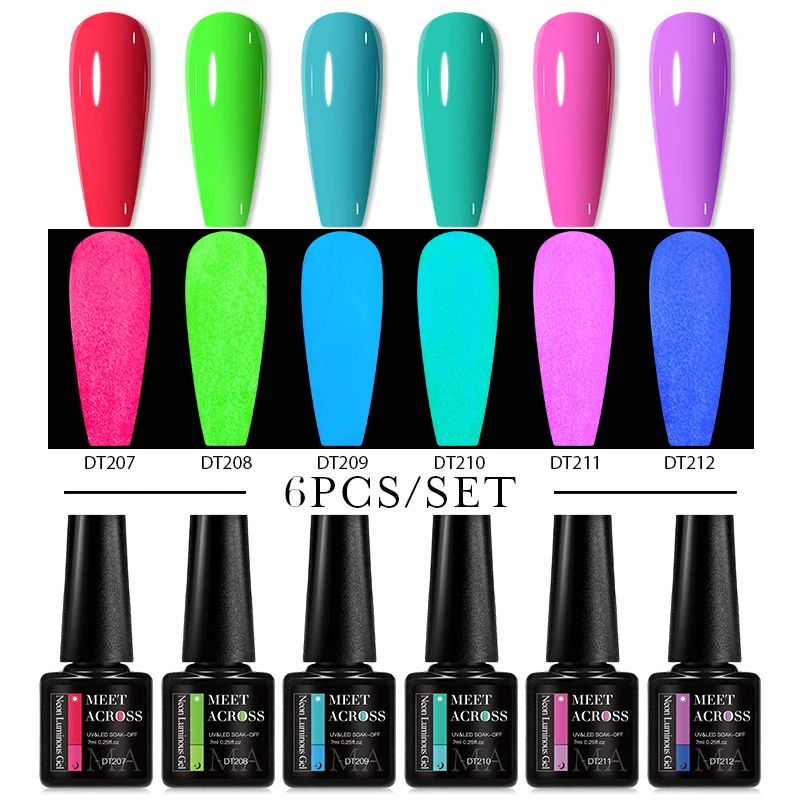 MEET ACROSS 6Pcs/Set Fluorescent Glow In Dark Gel Nail Polish Sparky Luminous Semi Permanent Soak Off Nail Art UV Gel Varnish