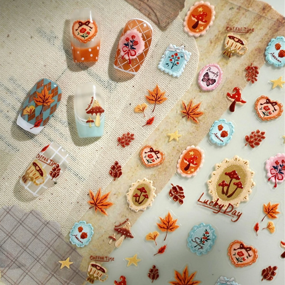 

Mushroom Maple Leaf Ginkgo Leaf Coffee Flowers Butterfly Autumn 5D Embossed Self Adhesive Nail Art Stickers Cute Manicure Decals