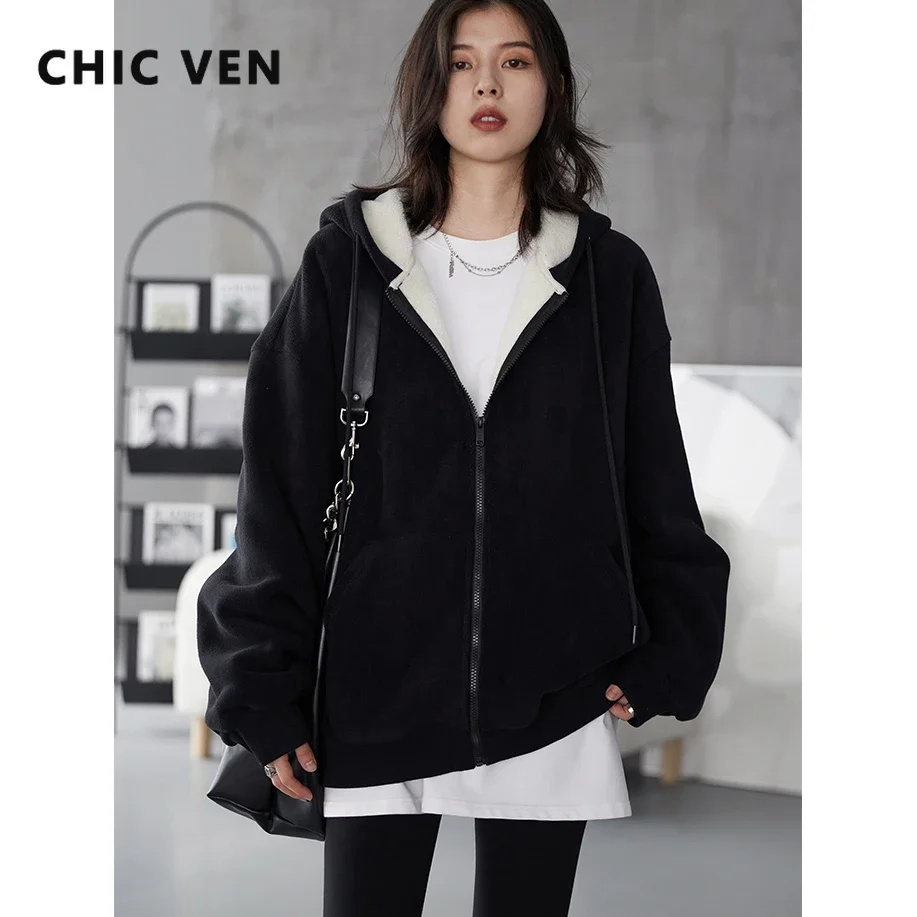 CHIC VEN Women Hoodies Sweatshirts Solid Loose Streetwear Coat Zip-up Plush Hooded Sweater Jacket for Women Autumn Winter 2024