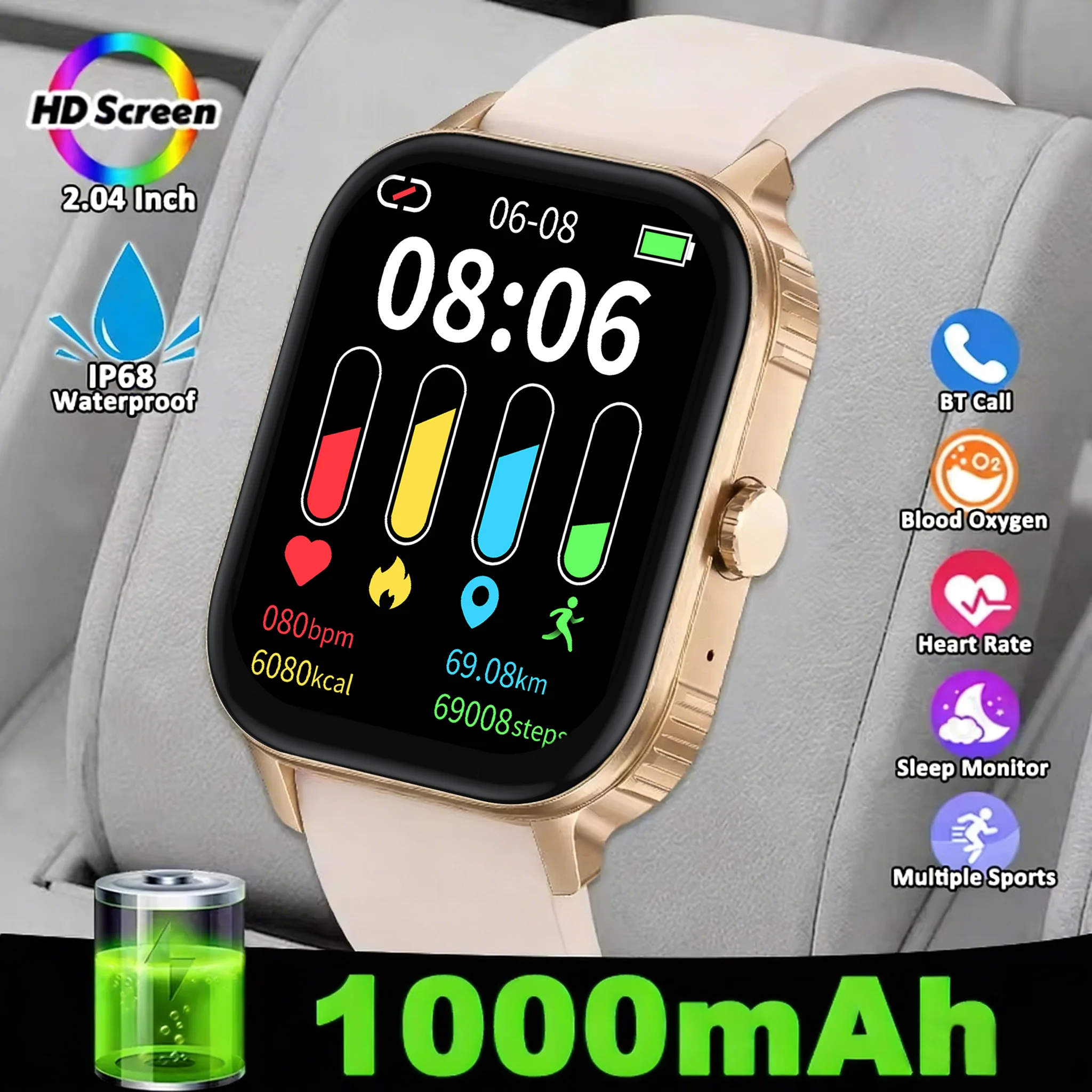 

2026 new smart watch 2.04 inch ultra HD screen all day health heart rate detection 70+ sports IP68 waterproof BT call